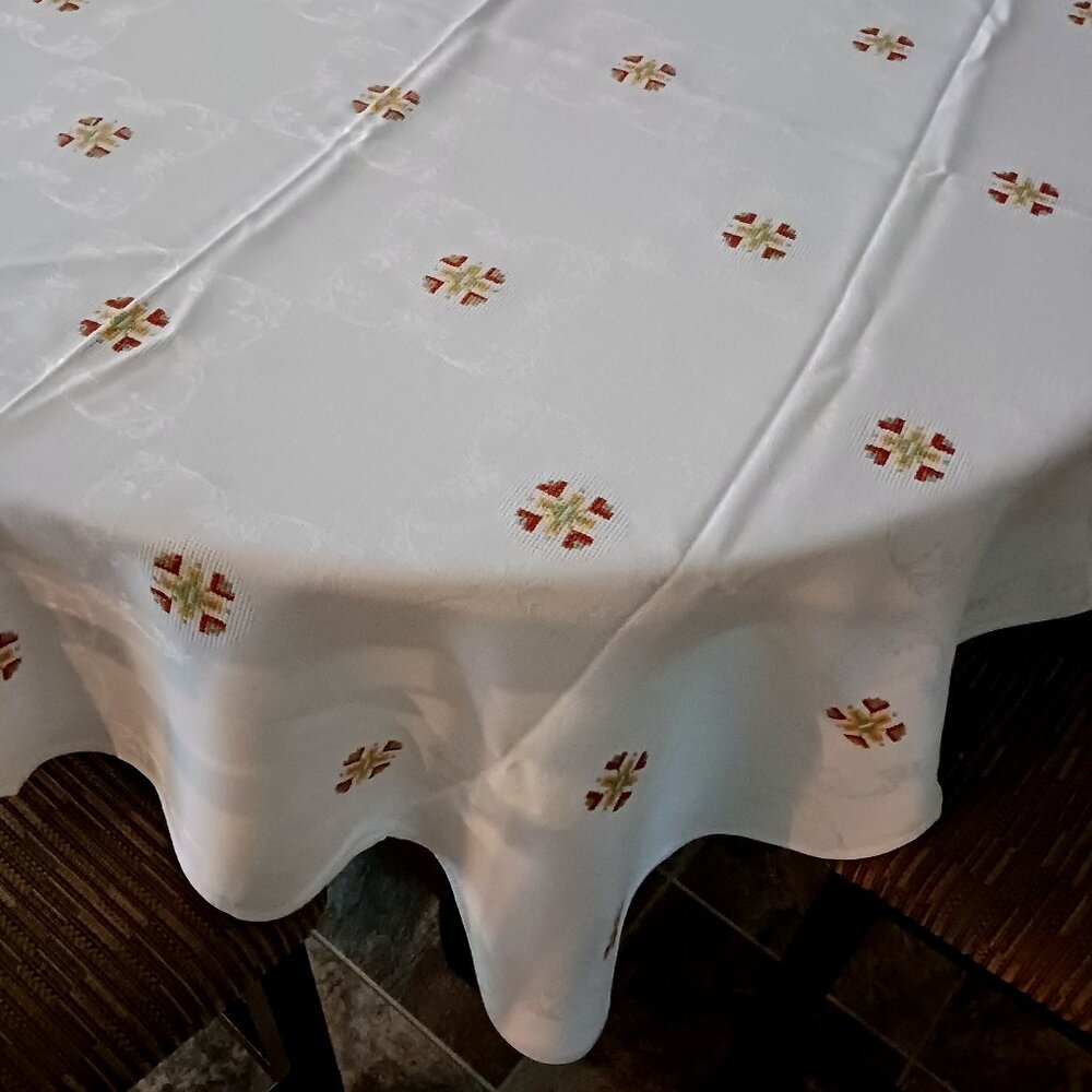 White Linen Table Cloth Geometric Embroidery 51" X60" Country Cottage Decor